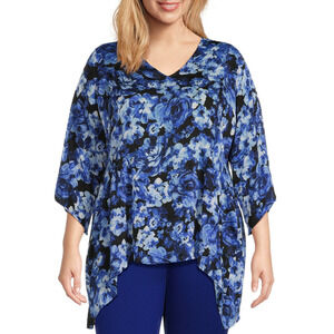 Slim Factor Investments Blue Floral Asymmetrical Hem Shirt Plus Size 3X